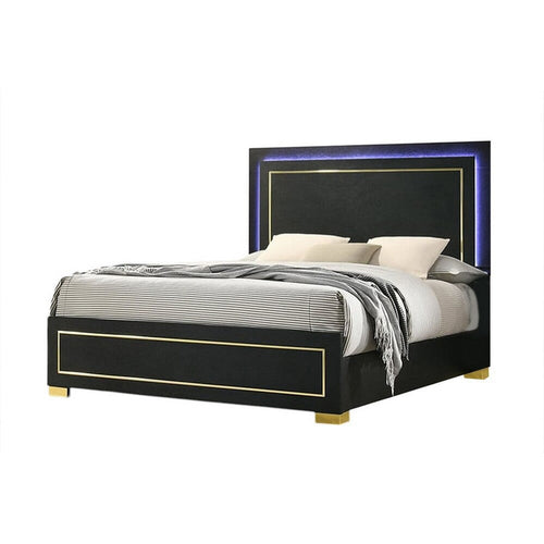 Lati Queen Bed | LED Headboard | Gold Trim and Bracket Legs | Black Wood