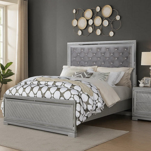 Fery Queen Size Bed | Gray Velvet Upholstery | Silver Mirror Accents