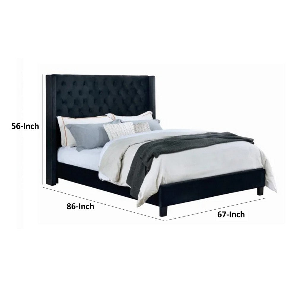 Hiu Queen Size Bed | Wingback Headboard in Black Velvet Like Upholstery BM342419