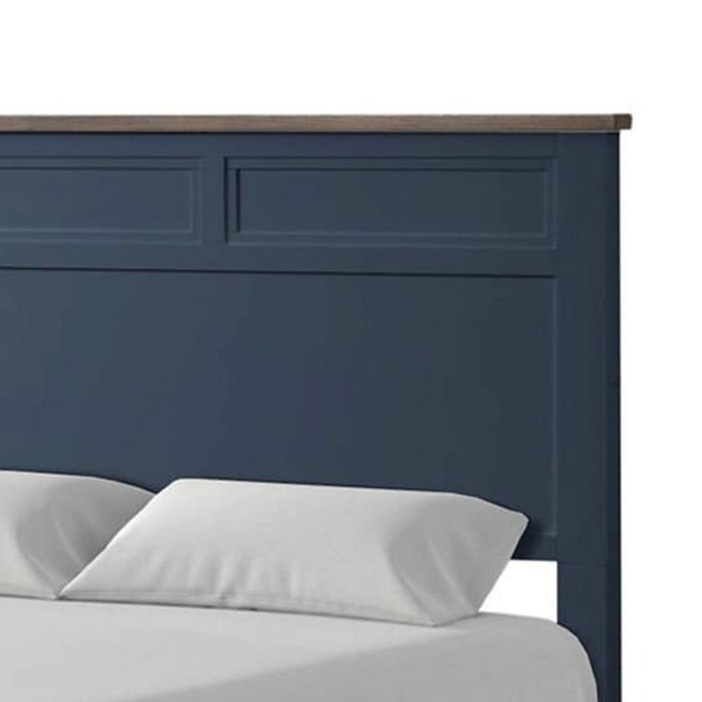 Tela Twin Size Bed with Recessed Panel Headboard | Dark Brown Trim | Blue