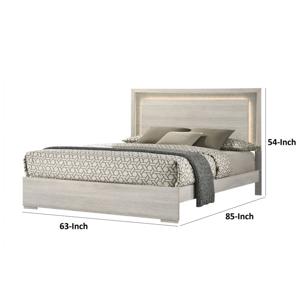 Nomi King Size Bed with LED on Headboard | Antique White Wash Finsih BM342435
