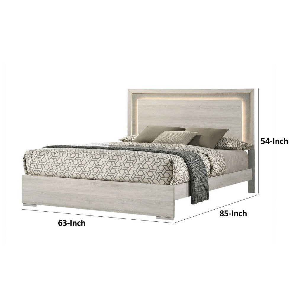 Nomi Queen Size Bed with LED on Headboard | Antique White Wash Finsih BM342436
