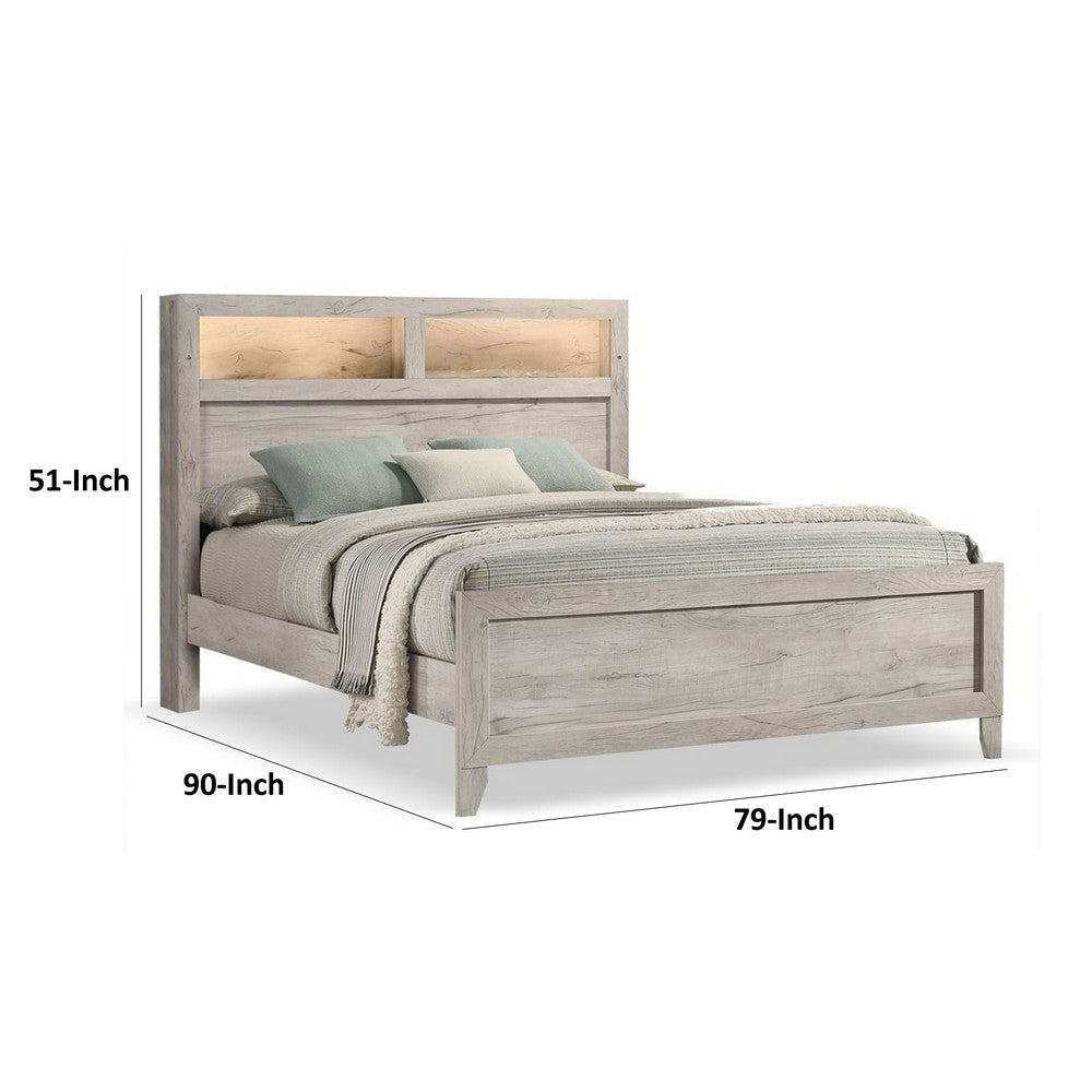 Miot King Size Bed with Headboard Shelves | Weathered White Wash Tone BM342437
