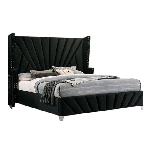 Ino Queen Size Bed w Wingback Headboard | Black Fabric Upholstery