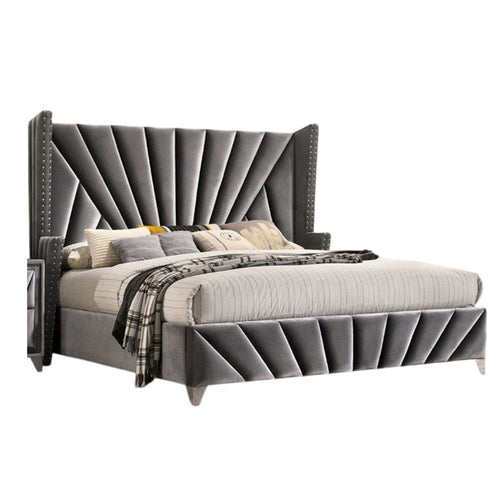 Ino Queen Size Bed w Wingback Headboard | Gray Fabric Upholstery
