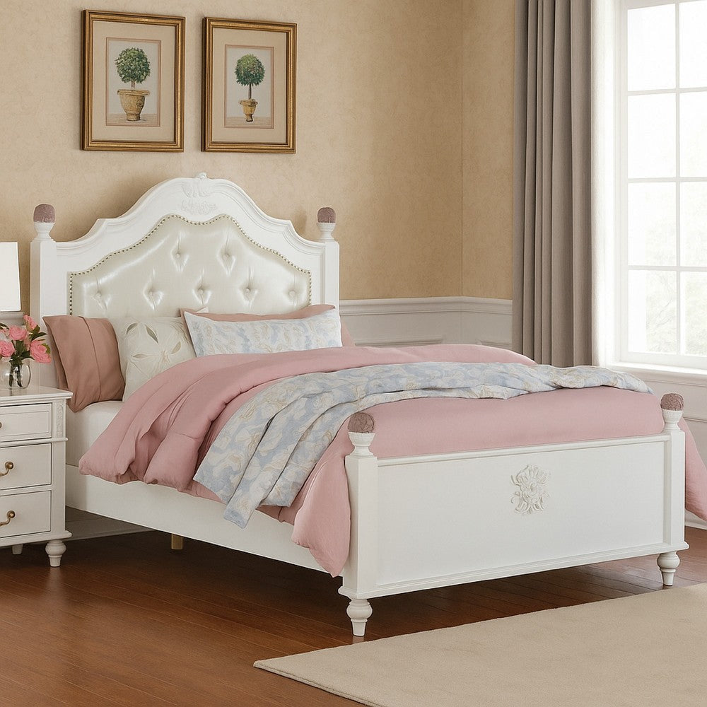Bela Full Size Bed w Button Tufted Headboard | White Faux Leather BM342459