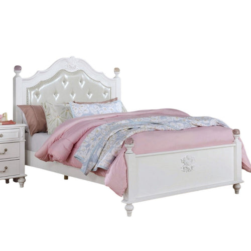 Bela Full Size Bed w Button Tufted Headboard | White Faux Leather