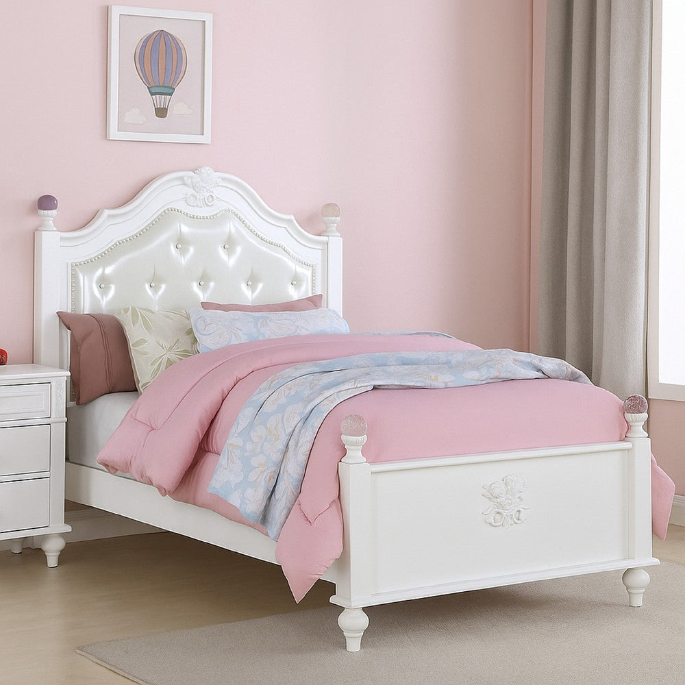 Bela Twin Size Bed w Button Tufted Headboard | White Faux Leather BM342460