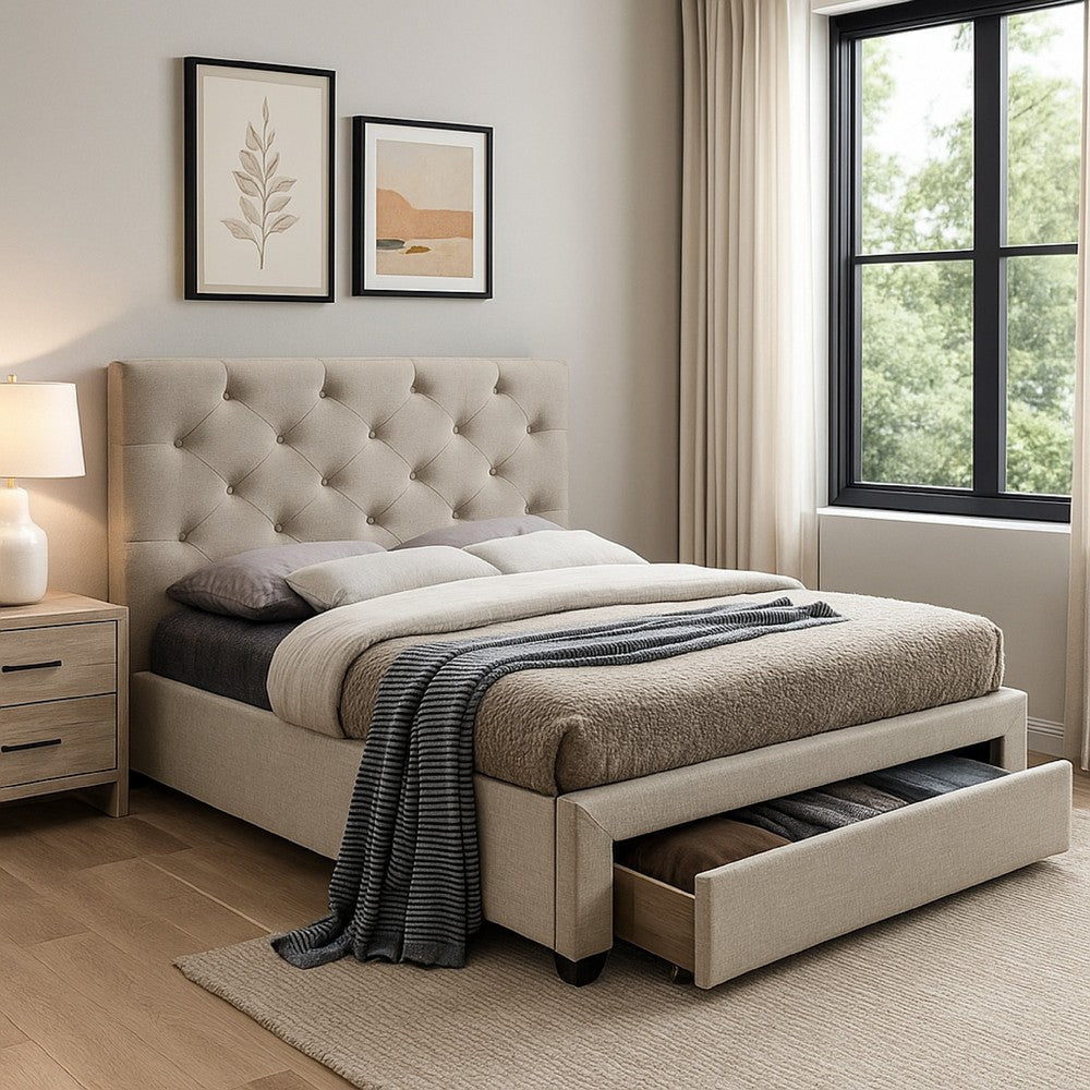 Sya King Size Bed w Button Tufted Upholstery | Underbed Storage | Beige BM342464
