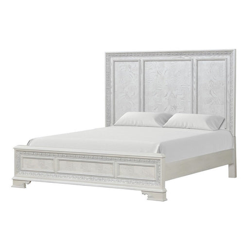 Miamy King Bed | Creamy White Wood | Panel Design | Silver Brushed Accents