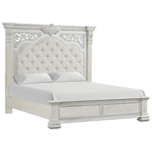 Naddy King Bed | Pleated Upholstery | Moldings on Wire Brushed White Wood