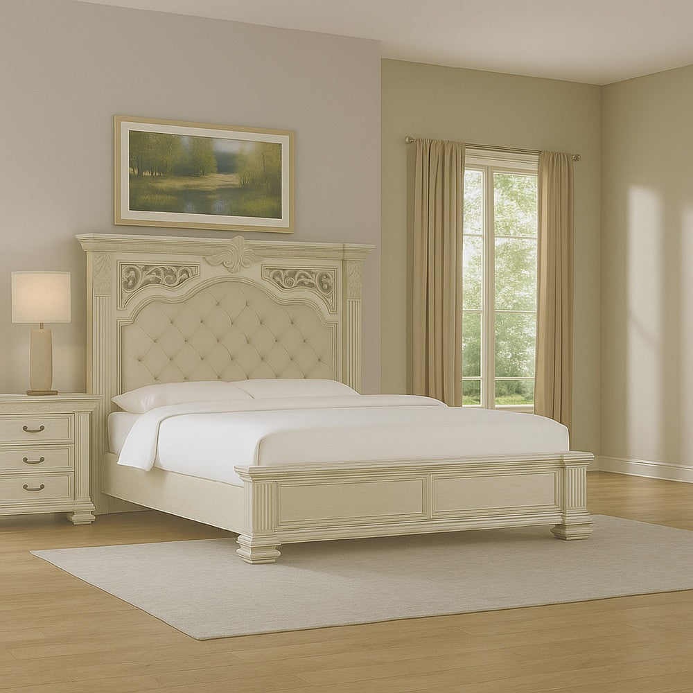 Naddy King Bed | Pleated Upholstery | Moldings on Wire Brushed White Wood BM342480