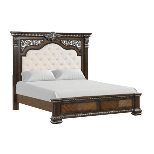 Naddy Queen Bed | White Fabric Pleated Upholstery | Espresso Brown Wood