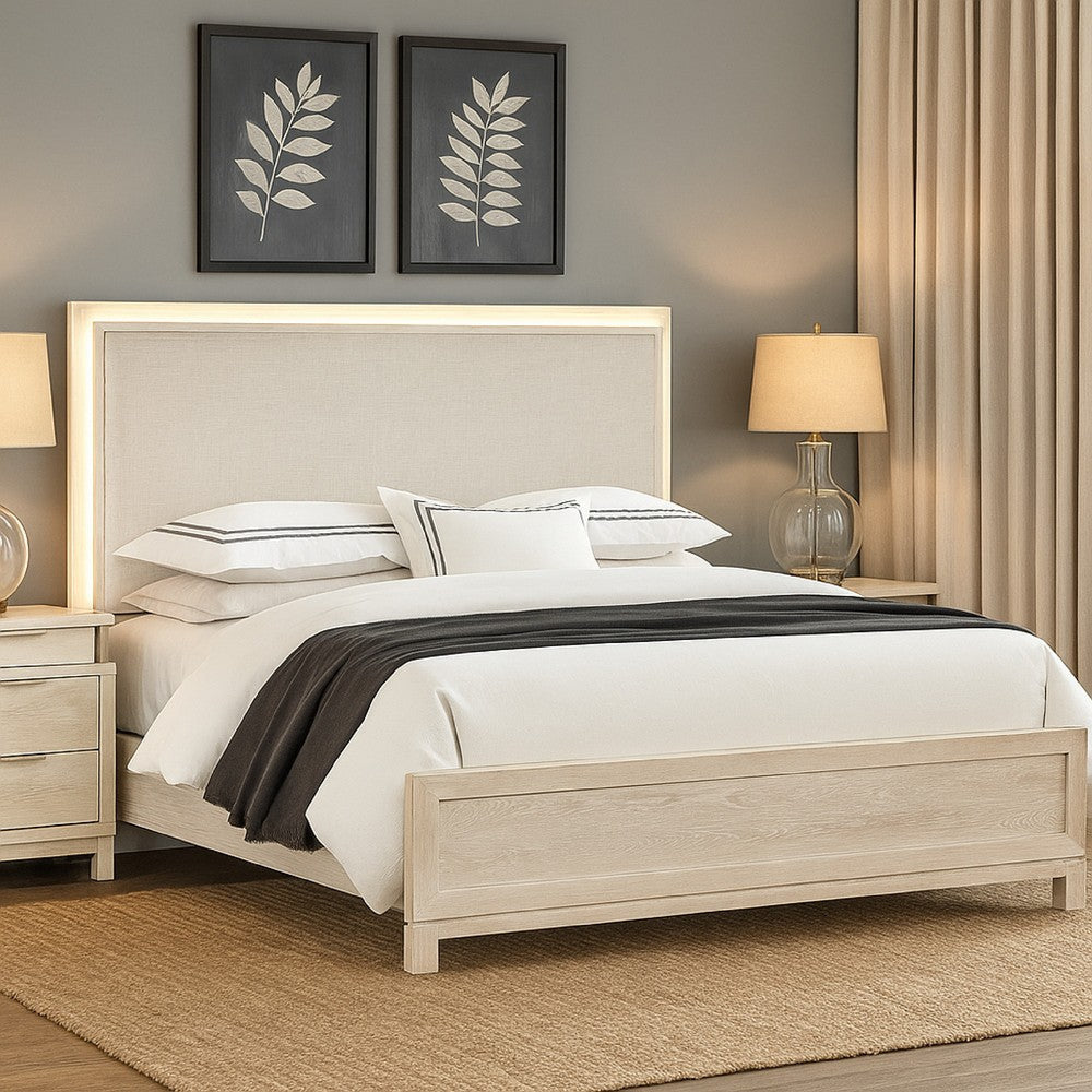 Loji King Bed | Upholstered Headboard w LED | Weathered Gray Wood BM342491