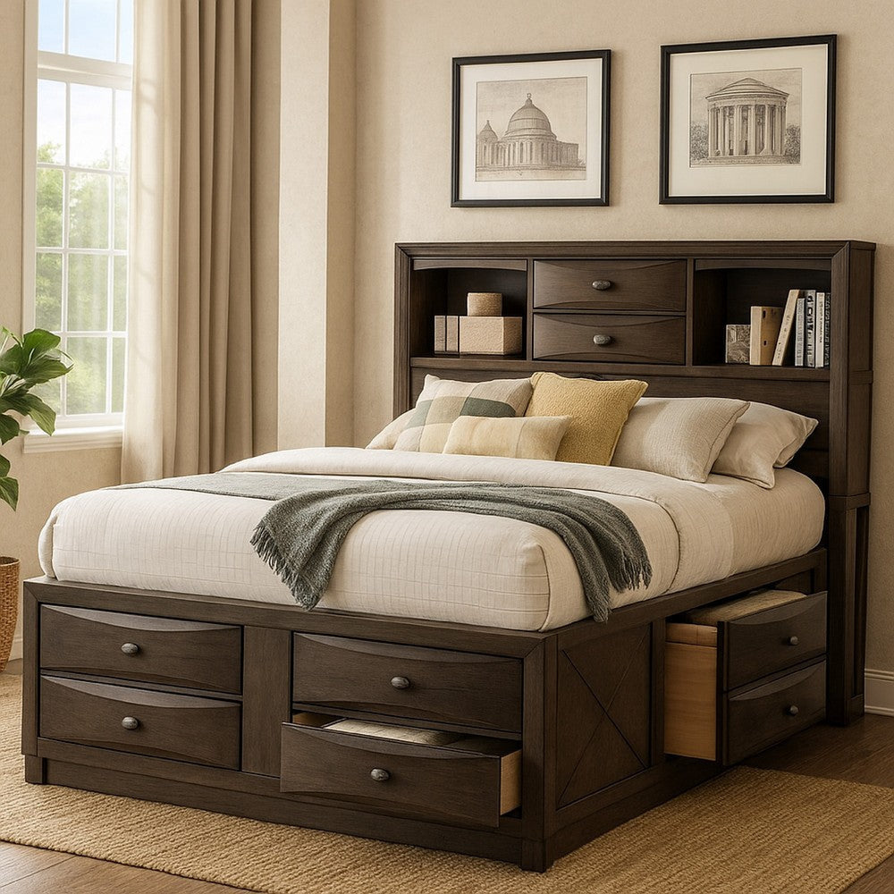 Simo Queen Bed | Bookcase Headboard | Storage Drawers | Gray BM342500