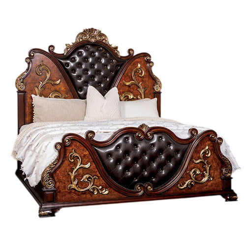 Iliana King Bed | Dark Cherry Brown | Black Faux Leather | Gold Carvings