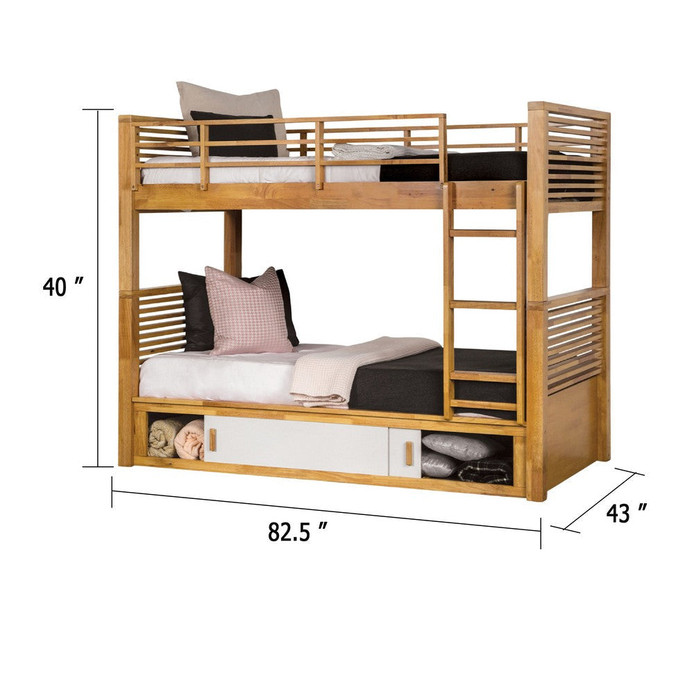 Dilu Twin over Twin Bunk Bed | Light Oak Brown Hardwood | Reversible Ladder BM342535