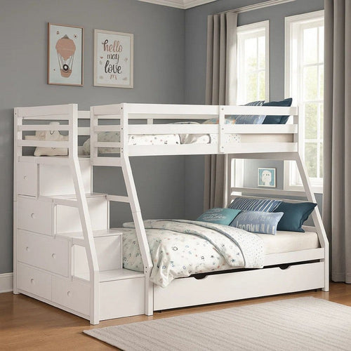 Ellon Twin over Full Bunk Bed | White Solid Wood | Storage Drawers