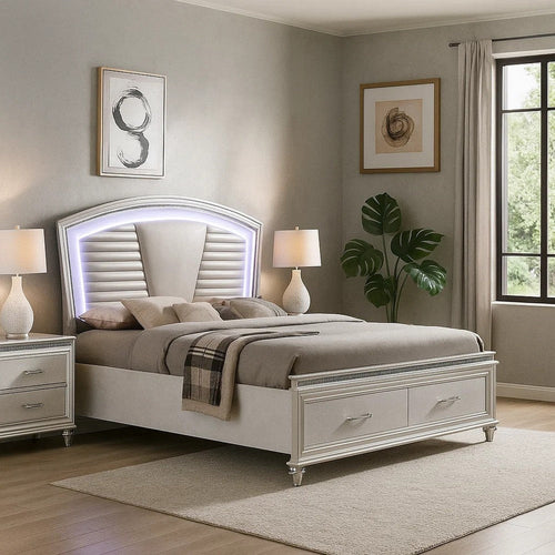 Sam California King Bed w LED | Storage | White Tufted Faux Leather