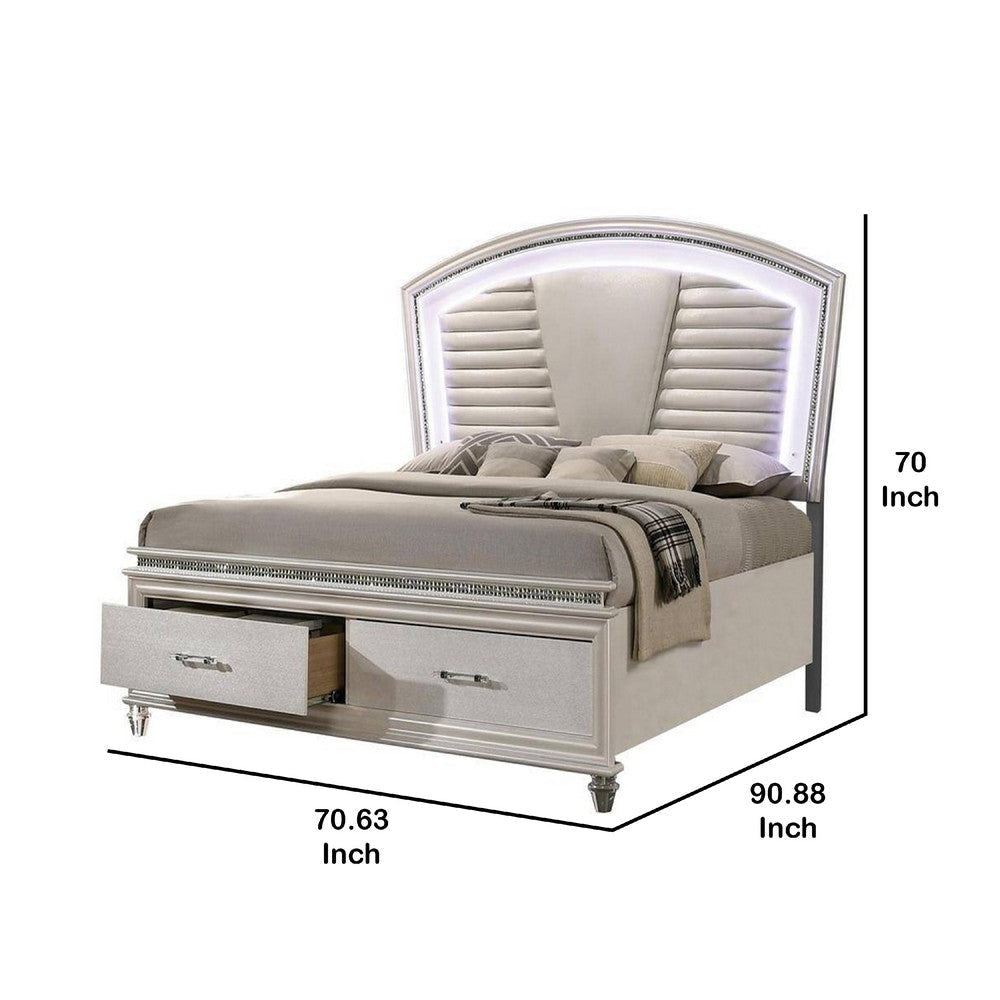 Sam Queen Bed w LED Lights | Storage | White Tufted Faux Leather BM342544