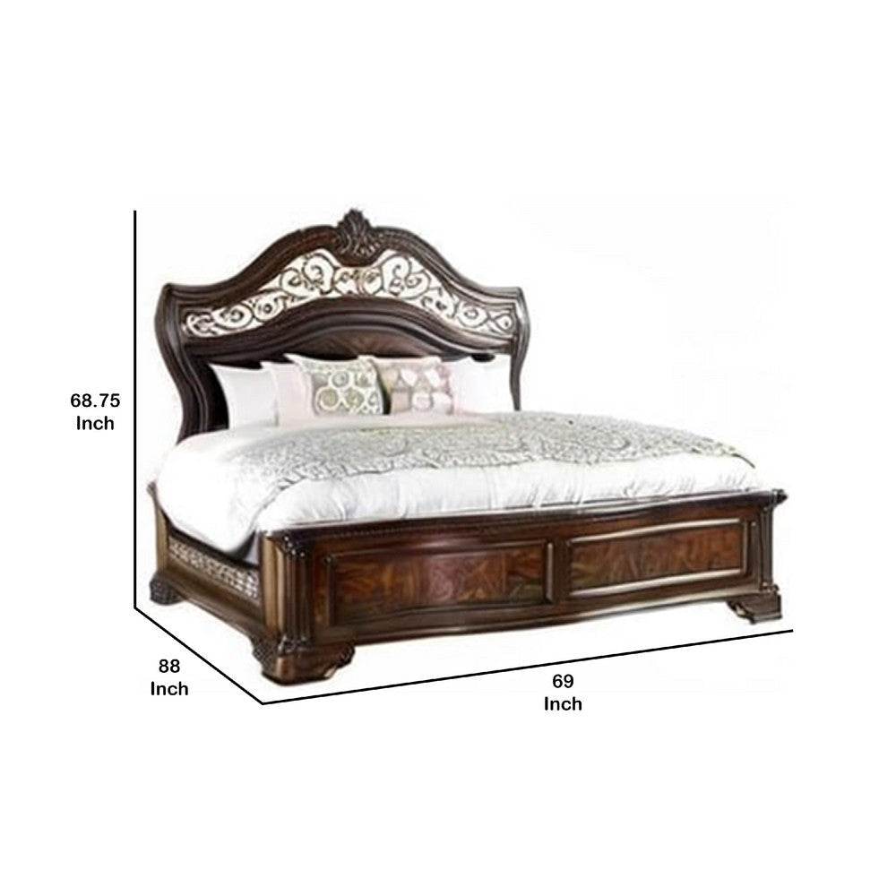 Odora Ornate Carved Queen Bed | Faux Leather Upholstery | Brown Gold BM342592