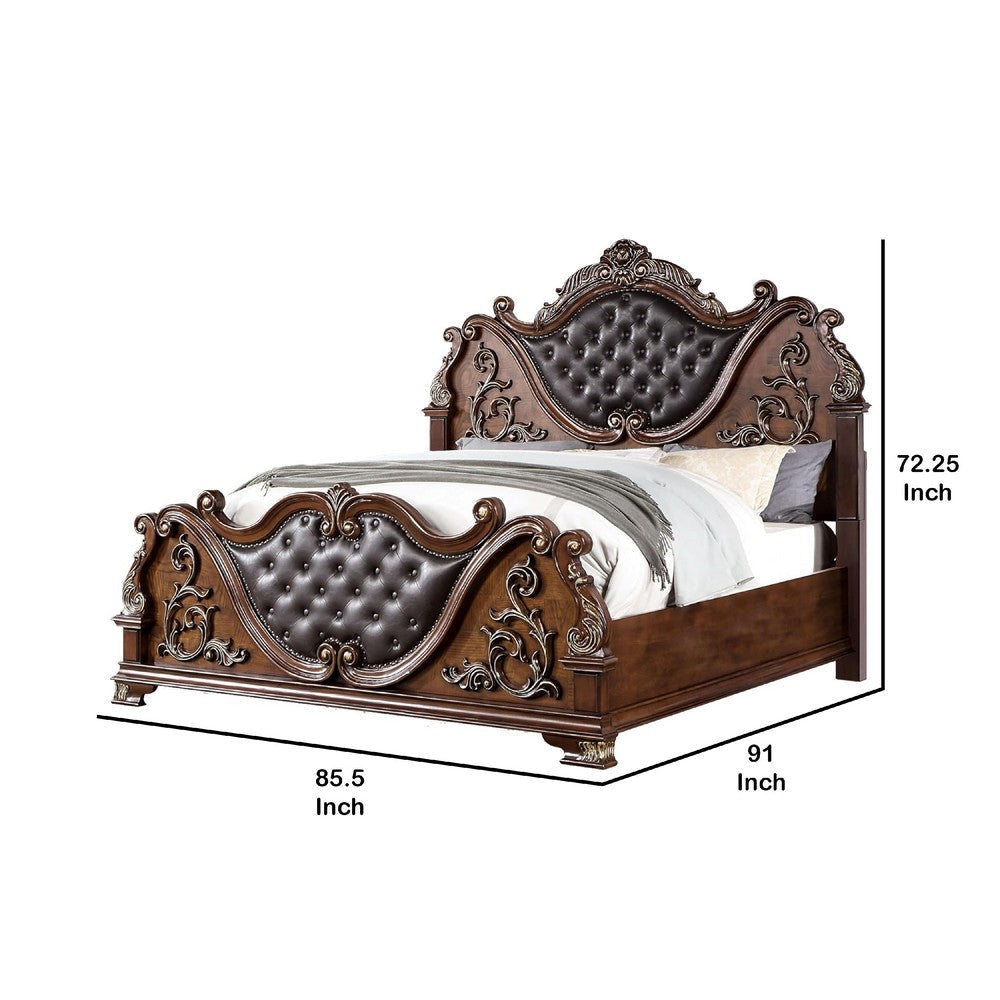 Prio King Bed w Carved Details | Brown Button Tufted Faux Leather Brown BM342602