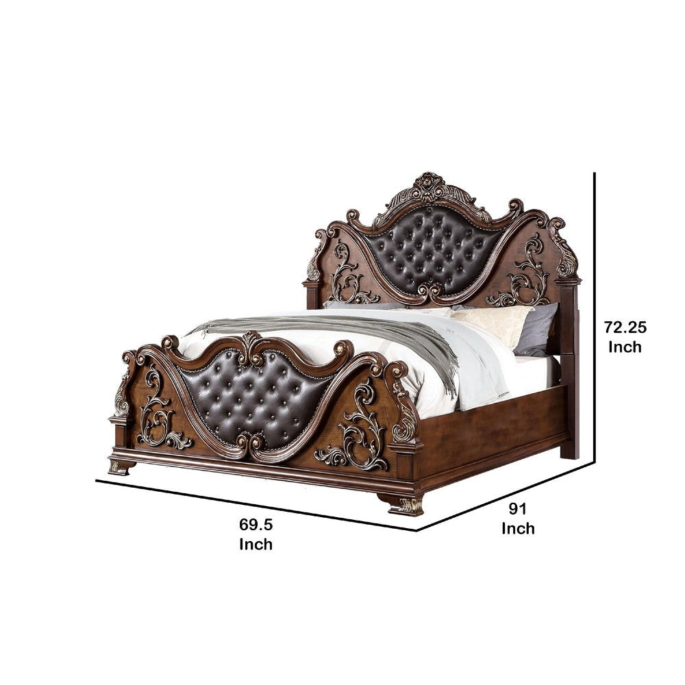 Prio Queen Bed w Carved Details | Brown Button Tufted Faux Leather BM342603