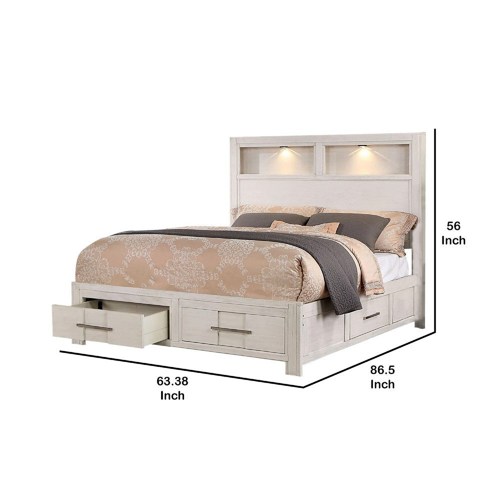 Mimy Queen Bed w Bookcase Headboard | Footboard Storage | White Wood BM342605