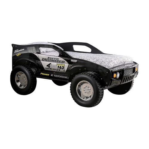 Jacky Kids Twin Bed w Off-Road Car Design | LED Headlights | Black Wood