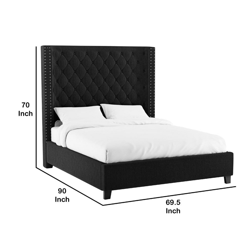 Rozy Queen Bed w Wingback Headboard | Nailhead Trim | Black Upholstery BM342612