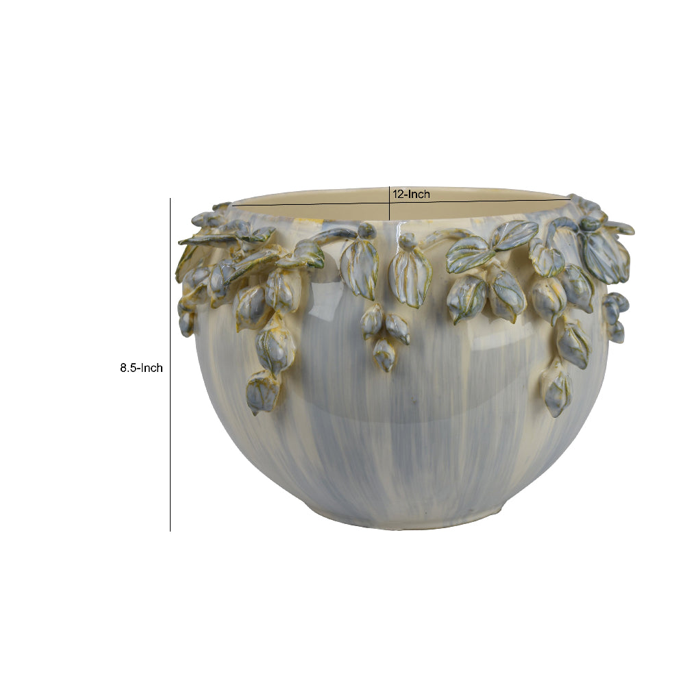 Decorative Bowl Planter, White Ceramic with Floral Garland Rim, 8.5 Inch