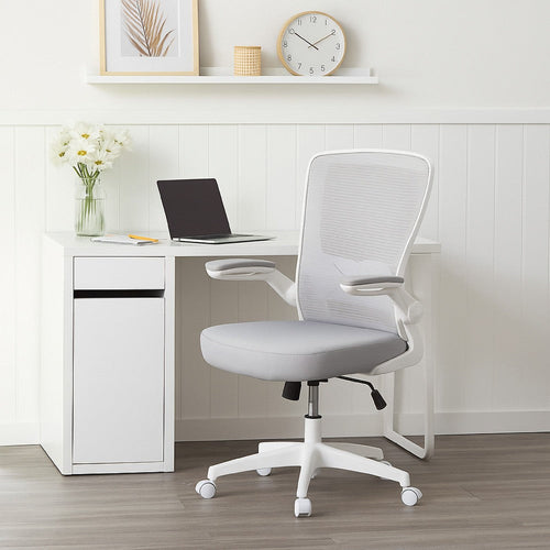 Rolling Task Chair | Gray Mesh | White Flip Up Arms | Upright Locking BM344437