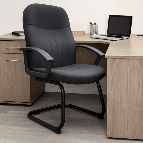 Qien Mid-Back Guest Chair | Steel Cantilever Base | Black Crepe Fabric BM344481