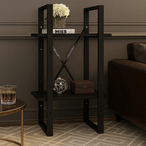 Tusha Wall Bookcase w 2 Open Shelves | Black Wood | Black Metal