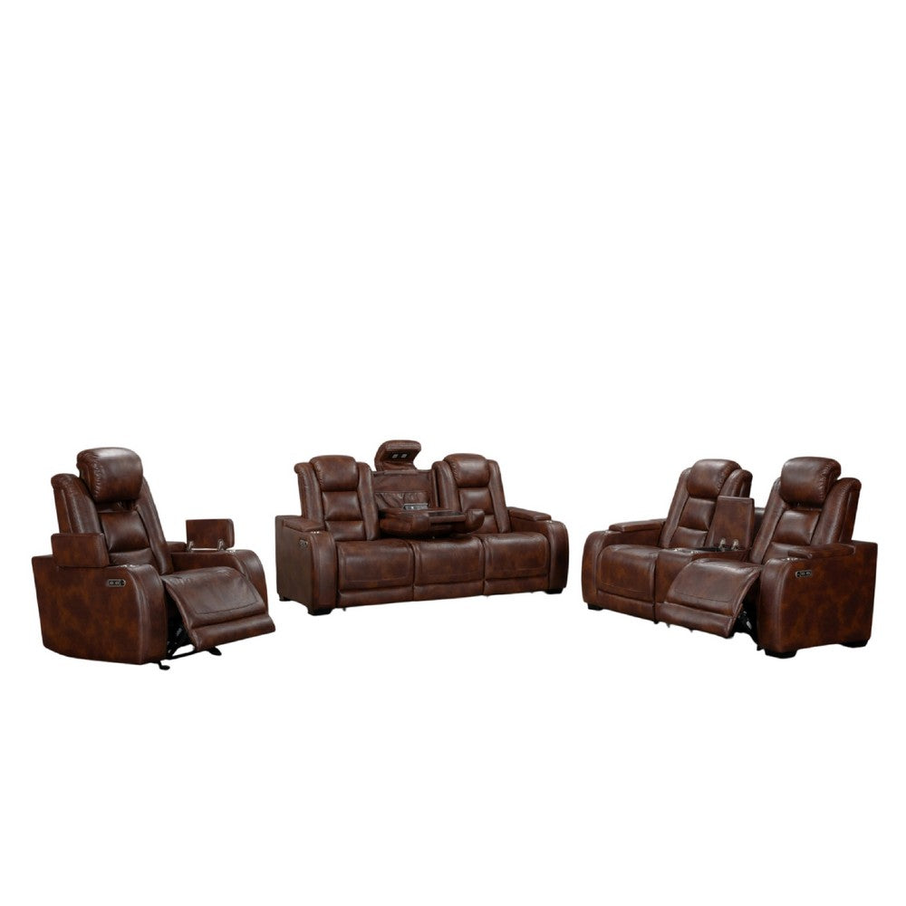 Choi 3pc Power Reclining Sofa, Loveseat, Chair Set | Brown Faux Leather