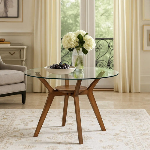 Scar Dining Table | 42" Round Glass Top w Lower Shelf | Walnut Brown