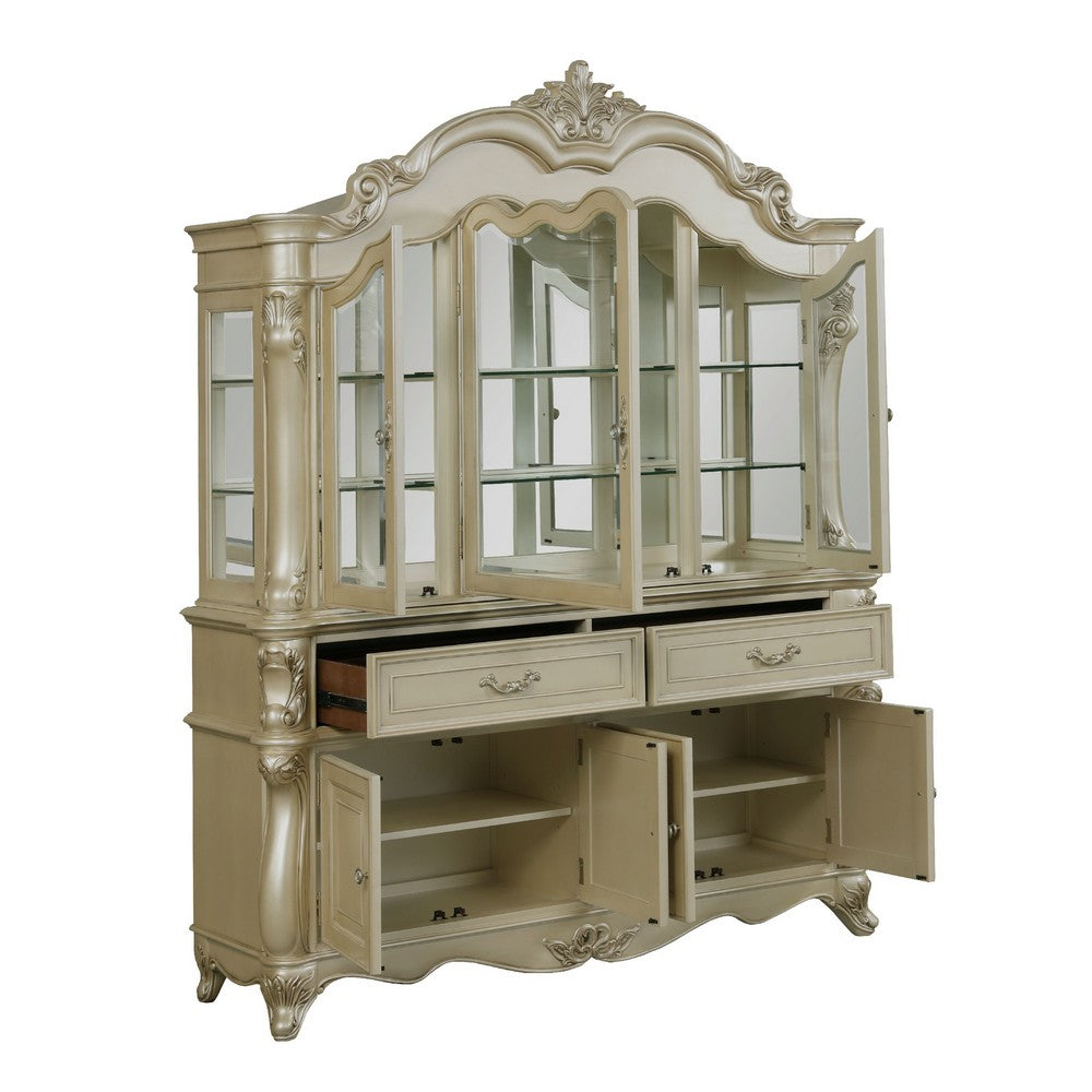 Kerra 2pc China Hutch Buffet | 2 Drawers Glass Doors | Champagne Silver
