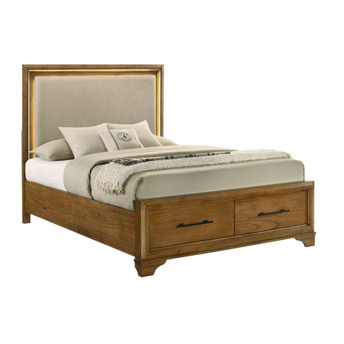Tey King Bed w Storage | LED Headboard | Honey Brown | Cream Upholstery