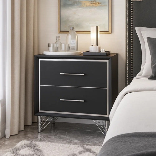 Zoe Modern Nightstand w 2 Drawers | Ebony Black & 'Silver