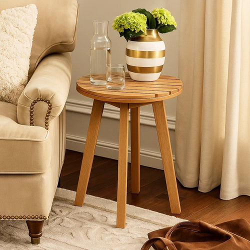 Heya Outdoor Side End Table | 20" Slatted Round Top | Natural Brown