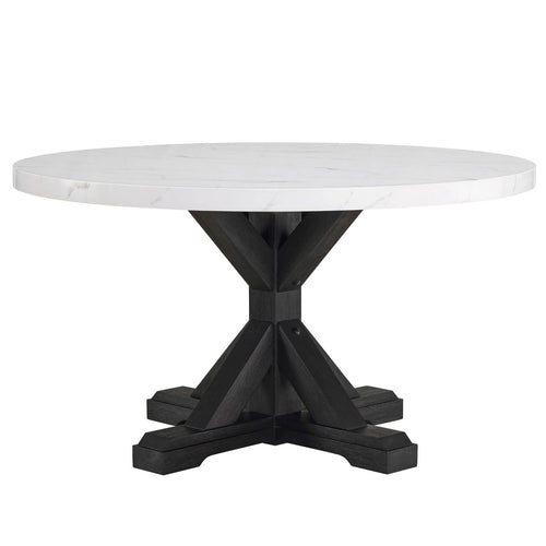 Vinz Dining Table | 54" Round White Faux Marble Top | Black Trestle Base