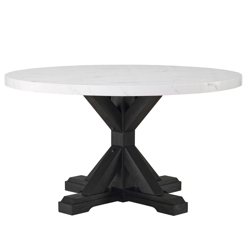 Vinz Dining Table | 54" Round White Faux Marble Top | Black Trestle Base