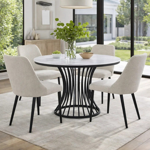 Haly Dining Table | 48" Round White Faux Marble Top | Black Cage Base