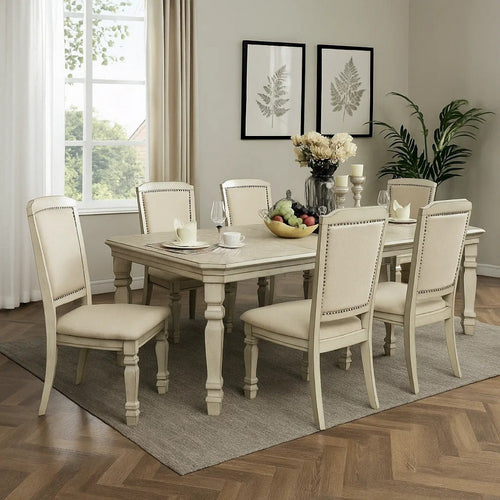 Fenny 7pc 64-100 Inch Extendable Dining Table Set | 6 Chairs Antique White
