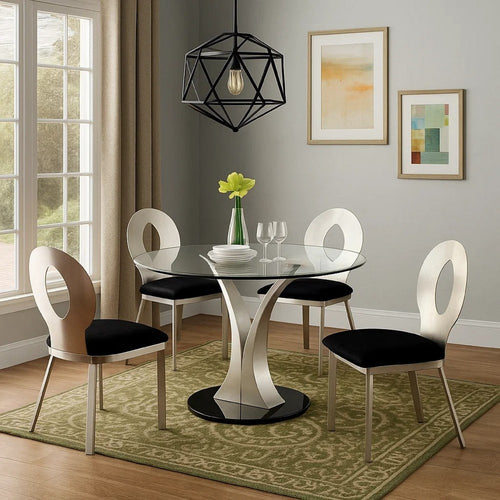 Valie 5pc Dining Set | Round Glass Table | 4 Modern Chairs Silver Black