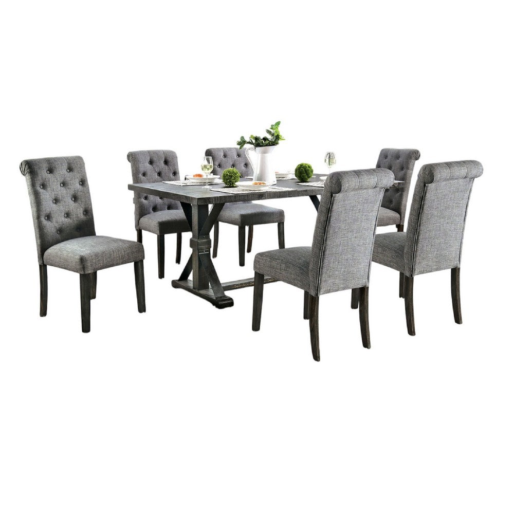 Fredy 7pc Dining Table Set | Dual Pedestal Base | 6 Beige Fabric Chairs