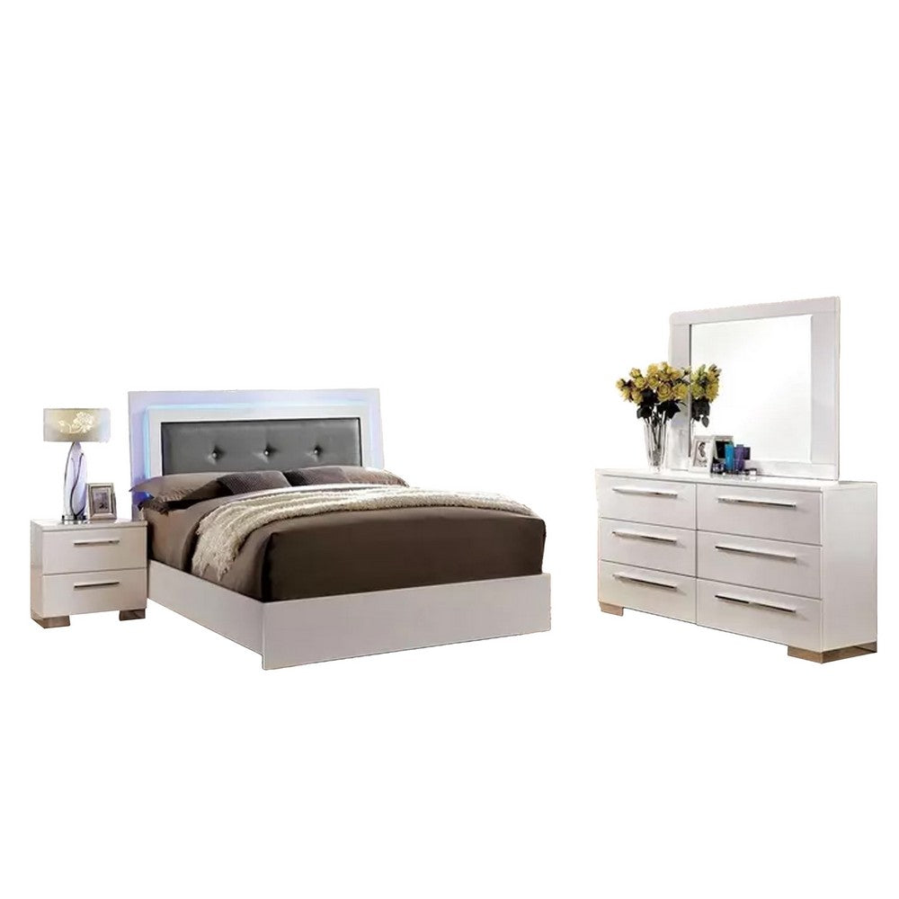 Gely 4pc Queen Bedroom Set | Button Tufted Upholstery | LED | Glossy White