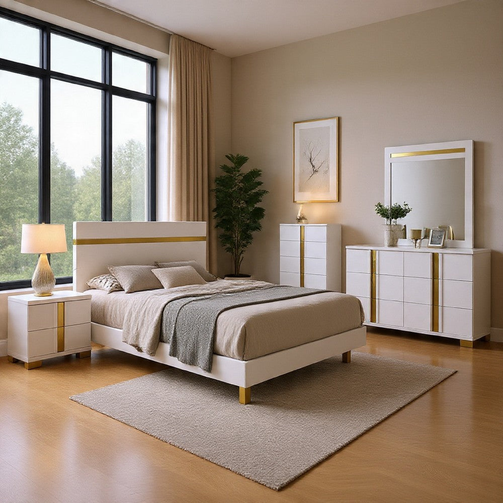 Yoki 5pc Queen Bedroom Set w Underbed LED- White and Gold- Tall Dresser