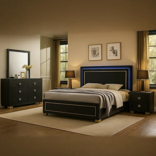 Lati 4pc Queen Bedroom Set | LED Panel Headboard & Gold Trim | Black