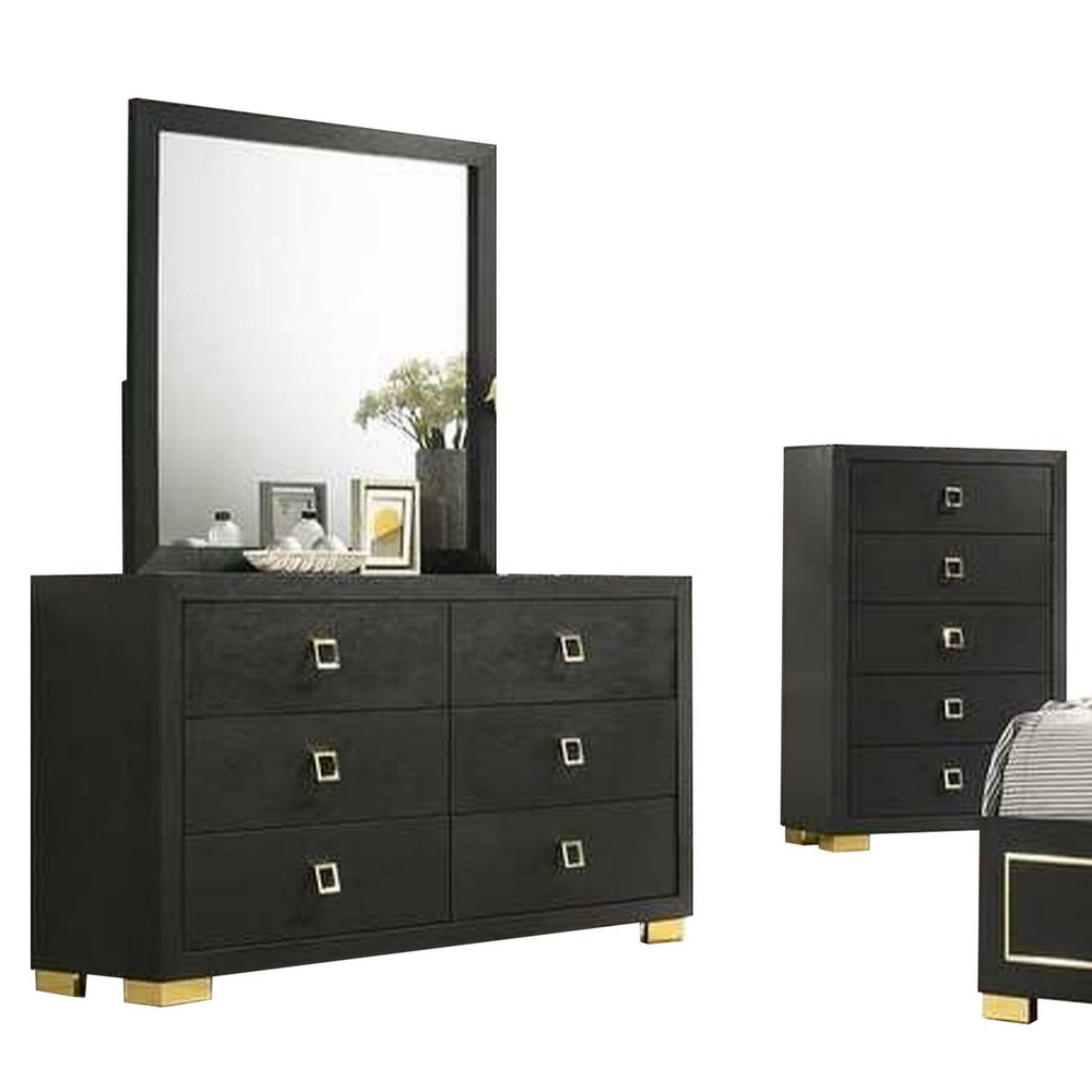 Lati 5pc Queen Bedroom Set w Tall Dresser | LED | Black w Gold Trim